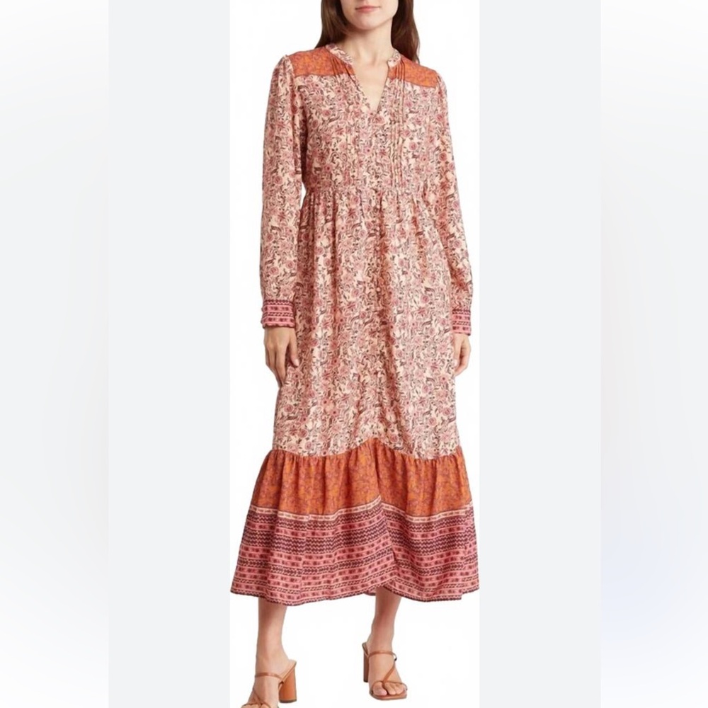 Mila Mae Border Print Floral Long Sleeve Midi Maxi Dress Large NWT